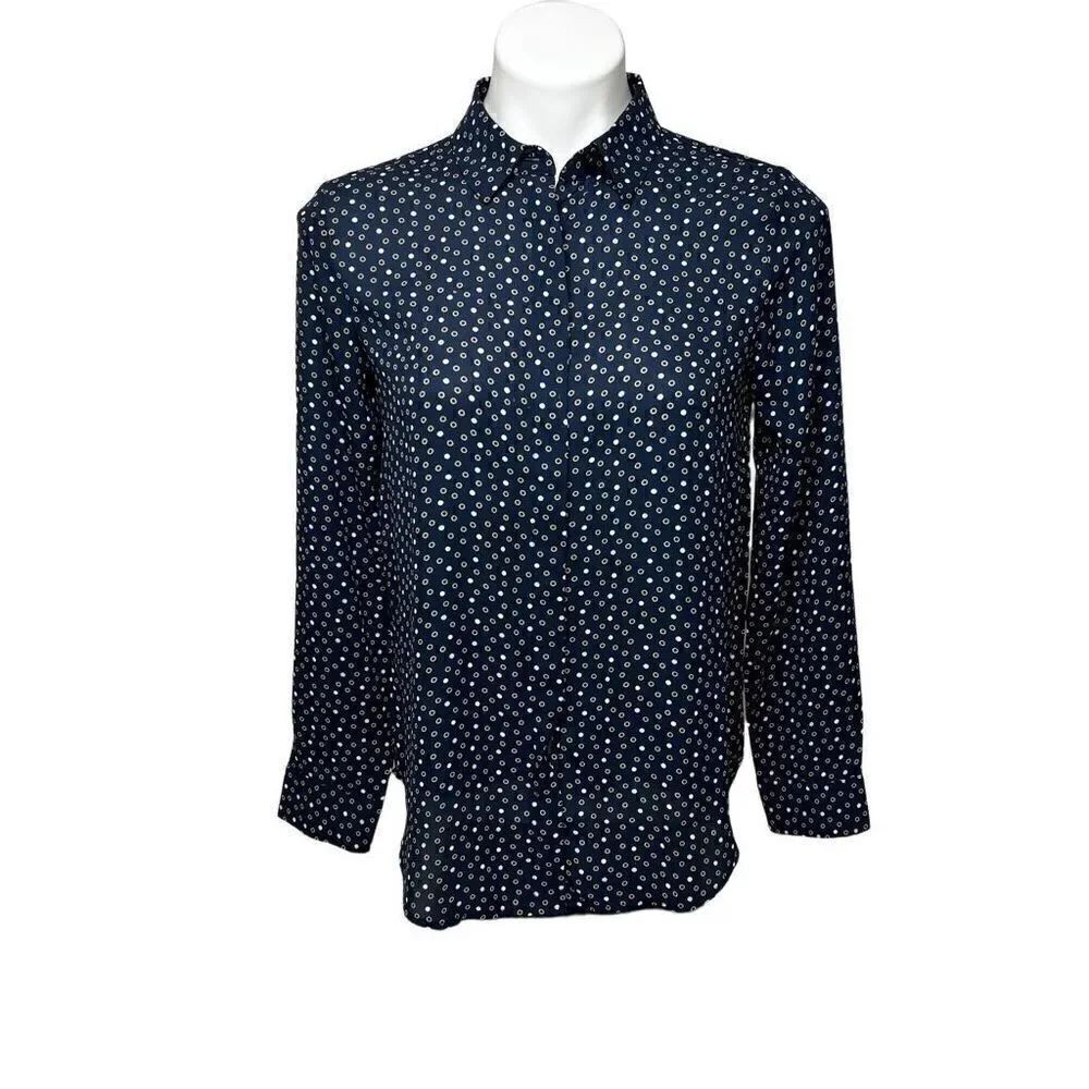 Ann Taylor navy blue circle print long sleeve button up blouse size PS